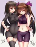  :d :t asymmetrical_docking bare_shoulders bike_shorts black_hair black_legwear black_wings blush bodysuit breast_press breasts brown_hair character_name closed_mouth collarbone covered_navel grey_background hair_between_eyes hand_on_hip himekaidou_hatate impossible_clothes long_hair looking_down medium_breasts midriff multiple_girls navel open_mouth oubou pout red_eyes shameimaru_aya simple_background smile squiggle standing straddling taut_clothes thigh_gap thighhighs touhou twintails wings yellow_eyes 