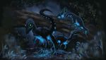  ambigous_gender bioluminescence bushes claws compsagnathus_(species) dinosaur feathers foliage glowing glowing_eyes small tree 