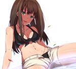  :d bare_arms bare_shoulders bikini bikini_under_clothes black_bikini breasts brown_hair cleavage collarbone erere front-tie_bikini front-tie_top green_eyes head_tilt idolmaster idolmaster_cinderella_girls long_hair looking_at_viewer medium_breasts navel open_fly open_mouth shibuya_rin shiny shiny_skin shorts simple_background sitting smile solo stomach swimsuit unzipped water white_background white_shorts zipper 