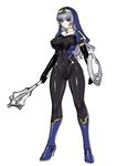 black_bodysuit blue_eyes bodysuit boots breasts cameltoe covered_navel covered_nipples elbow_gloves gloves high_heel_boots high_heels large_breasts latex long_hair mace nun original rindou_(radical_dream) shield silver_hair skin_tight solo weapon 