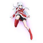  aoki_hagane_no_arpeggio bike_shorts black_shorts boots bow detached_sleeves green_eyes hair_ornament iona long_hair looking_at_viewer necktie red_bow red_neckwear red_skirt ribonzu santa_boots santa_costume shorts shorts_under_skirt silver_hair simple_background skirt solo white_background 