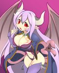  1girl alma_elma areolae bangs breasts demon_girl demon_wings female horns large_breasts long_hair mon-musu_quest! pointy_ears purple_hair red_eyes smile stomach succubus tattoo wings 