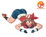  ass back bandanna bike_shorts blue_eyes breasts brown_hair cleavage from_behind gloves haruka_(pokemon) hips huge_ass large_breasts looking_at_viewer looking_back pokemon reit shiny shiny_clothes shiny_hair shiny_skin shoes simple_background sneakers wide_hips 