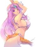  arms_up bangle blush bracelet breasts circlet dancer's_costume_(dq) dark_skin dragon_quest dragon_quest_iv jewelry large_breasts long_hair manya min-naraken parted_lips pelvic_curtain purple_eyes purple_hair signature simple_background smile solo white_background 