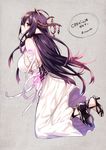  antenna_hair arisaka_ako bandaged_arm bandages bare_shoulders black_footwear breasts commentary_request crescent danua draph dress full_body granblue_fantasy hair_between_eyes horn_ornament horns large_breasts long_hair looking_at_viewer pointy_ears profile promotional_art purple_hair red_eyes shoes sideboob sleeveless solo white_dress 
