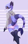  2016 abstract_background amber_eyes anthro backsack balls big_butt blush butt clothed clothing fur hoodie hybrid licking licking_lips looking_at_viewer looking_back mammal panties pink_nose raccoon re-sublimity-kun rear_shot smile striped_panties tongue tongue_out underwear undressing 
