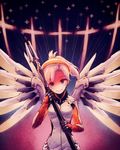  allen_(makaroll) blonde_hair blue_eyes bodysuit breasts cross high_ponytail holding long_hair looking_at_viewer mechanical_halo mechanical_wings medium_breasts mercy_(overwatch) overwatch ponytail shaded_face short_hair solo spread_wings staff wings yellow_wings 