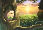  beach bird closed_eyes cloud forest gen_7_pokemon head_tilt lens_flare nature no_humans ocean owl pine_tree pokemon pokemon_(creature) river rowlet scenery shade sky solo sunrise tree tree_hole 