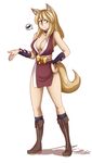  2016 animal_humanoid armor big_breasts blonde_hair blue_eyes boots bracers breasts canine choker cleavage clothed clothing dialogue dress female footwear fox fox_humanoid hair hand_on_hip hi_res humanoid inner_ear_fluff looking_at_viewer mammal omizukao sigh simple_background smile solo white_background 