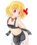  apron black_apron blonde_hair flat_chest frills gplnbeat hair_ribbon midriff navel raised_eyebrow red_eyes ribbon rumia solo touhou 