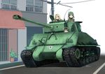  arm_support artist_name blonde_hair blue_eyes brown_eyes brown_hair city commentary dated emblem extra girls_und_panzer goggles ground_vehicle hatch highres kay_(girls_und_panzer) long_hair m4_sherman military military_uniform military_vehicle motor_vehicle multiple_girls plant potted_plant power_lines road saunders_(emblem) saunders_military_uniform signature smile street tank telephone_pole tokihama_jirou uniform 