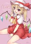  :d arm_support ascot b.c between_legs blonde_hair crystal dated dress english eyebrows eyebrows_visible_through_hair fang flandre_scarlet hair_between_eyes hand_between_legs highres looking_at_viewer open_mouth pink_background puffy_sleeves red_dress red_eyes shirt simple_background sitting smile solo touhou twitter_username v v-shaped_eyebrows wariza white_shirt wings 