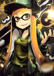  camouflage camouflage_hat domino_mask fangs hat inkling mask orange_eyes orange_hair paint paint_splatter pants pointy_ears splatoon_(series) splatoon_1 squid super_soaker tentacle_hair tom_(drpow) trigger_discipline 