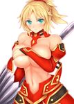  alternate_breast_size aqua_eyes blonde_hair breasts covering covering_breasts detached_sleeves fate/apocrypha fate/grand_order fate_(series) gold_trim highres holding holding_weapon hozenkakari lance large_breasts mordred_(fate) mordred_(fate)_(all) navel polearm ponytail rhongomyniad simple_background solo topless upper_body weapon white_background 