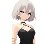  arms_at_sides bad_id bad_pixiv_id black_dress breasts cleavage closed_mouth collarbone criss-cross_halter dress hair_between_eyes halterneck head_tilt highres medium_breasts mio_yanagihara original serious short_hair silver_eyes silver_hair simple_background sleeveless sleeveless_dress solo upper_body white_background 