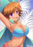  :d amamiya_marron armpits artist_name bangs bikini_top blush breasts brown_hair cape cleavage collarbone eileen_(pop'n_music) eyebrows eyebrows_visible_through_hair fang hat large_breasts looking_at_viewer navel open_mouth outstretched_arms pirate_hat pop'n_music purple_eyes short_hair smile solo tan tree_branch upper_body water wet 