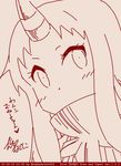  bangs covered_mouth dated heart horn kantai_collection long_hair looking_at_viewer monochrome red seaport_hime shinkaisei-kan sidelocks sketch solo tegaki_draw_and_tweet translation_request twitter_username yamato_nadeshiko 