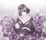  baby bare_shoulders breasts brown_eyes cleavage cradling floral_background hairband head_tilt japanese_clothes kanzaki_sumire kimono large_breasts looking_at_viewer mole mole_under_eye monochrome off_shoulder pacifier renyu sakura_taisen short_hair solo_focus violet_(flower) 