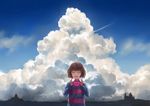  ^_^ androgynous brown_hair closed_eyes cloud day frisk_(undertale) glowing heart open_mouth skyline smile solo stephanie_lee striped striped_sweater sweater undertale upper_body 