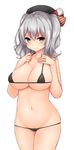  alternate_costume bikini black_bikini breasts hair_between_eyes hand_on_own_chest kantai_collection kashima_(kantai_collection) large_breasts looking_at_viewer lowleg lowleg_bikini micro_bikini mizushina_minato navel sideboob silver_hair simple_background smile solo swimsuit twintails underboob wavy_hair white_background 