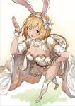  ;d alternate_costume animal_ears bad_perspective blonde_hair breasts bunny_ears bunny_girl cape djeeta_(granblue_fantasy) foreshortening from_above full_body granblue_fantasy hairband hand_on_hip large_breasts leotard lialight looking_at_viewer one_eye_closed open_mouth perspective sage_(granblue_fantasy) short_hair short_sleeves sideboob smile solo thighs white_footwear wrist_cuffs yellow_eyes 