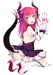  ashino ass bare_shoulders blood blue_eyes boots demon_tail elizabeth_bathory_(fate) elizabeth_bathory_(fate)_(all) fate/extra fate/extra_ccc fate_(series) full_body high_heel_boots high_heels highres horns kneeling long_hair pink_hair simple_background skirt solo tail tongue tongue_out white_background 