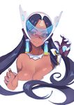  bare_shoulders black_hair blue_nails blush breasts choker cleavage collarbone cyborg dark_skin earrings fiodo forehead_jewel headgear highres jewelry large_breasts long_hair looking_at_viewer mechanical_arm nail_polish necklace overwatch parted_lips simple_background sketch solo symmetra_(overwatch) visor white_background yellow_eyes 
