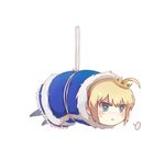  1girl :t ahoge artoria_pendragon_(all) bad_id bad_pixiv_id blonde_hair blue_eyes crown fate/grand_order fate/stay_night fate_(series) futon highres mini_crown ravie saber short_hair simple_background solo spoken_ellipsis white_background 