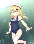 bad_id bad_pixiv_id blonde_hair dated glasses green_eyes hat highres i-8_(kantai_collection) kantai_collection long_hair low_twintails niwatori_(shimatori042) peaked_cap school_swimsuit solo swimsuit thighhighs twintails twitter_username underwater white_legwear 