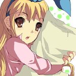  :o blonde_hair bow brown_eyes calamity_jane drill_hair enoo from_side hair_ribbon hairband long_hair lowres oekaki open_mouth pillow pillow_hug ribbon sidelocks solo upper_body wild_arms wild_arms_1 
