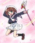  black_legwear brown_hair cardcaptor_sakura full_body fuuin_no_tsue green_eyes haiiro_(immature) hat holding kinomoto_sakura magical_girl school_uniform serafuku short_hair solo tomoeda_elementary_school_uniform white_hat 