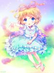  amo barefoot blonde_hair blue_dress blue_eyes dress feet full_body hair_ribbon highres looking_at_viewer medicine_melancholy open_mouth outstretched_arm puffy_short_sleeves puffy_sleeves ribbon sash short_sleeves solo sparkle touhou wavy_hair 