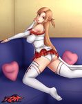  ass asuna_(sao) bare_shoulders breasts brown_eyes brown_hair detached_sleeves finger_in_mouth from_behind half_updo large_breasts long_hair looking_at_viewer panties pillow red_skirt reit sideboob skirt skirt_lift smile sofa solo sword_art_online thighhighs very_long_hair 