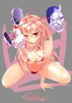  absurdres bare_shoulders bikini breasts cekonikova cleavage fox_mask hata_no_kokoro highres kneeling long_hair looking_at_viewer mask medium_breasts micro_bikini navel pink_hair red_bikini red_eyes solo spread_legs swimsuit thighs touhou white_legwear 