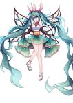  absurdly_long_hair black_gloves butterfly_wings elbow_gloves fingerless_gloves full_body gloves green_eyes green_hair hatsune_miku highres long_hair qingye_ling sandals simple_background skirt skirt_hold solo twintails very_long_hair vocaloid white_background wings 
