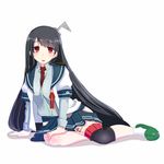  between_breasts black_hair blue_skirt blush breasts buttons cosplay fusou_(kantai_collection) hair_ornament hand_on_own_knee headgear hip_vent kantai_collection large_breasts long_hair long_sleeves looking_at_viewer necktie ooyodo_(kantai_collection) ooyodo_(kantai_collection)_(cosplay) open_clothes open_mouth pleated_skirt red_eyes red_neckwear school_uniform serafuku short_over_long_sleeves short_sleeves simple_background sitting skirt slippers socks solo tun white_background white_legwear yokozuwari 
