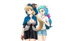  blonde_hair blue_hair book braco breasts gradient_hair hair_ribbon heart heart-shaped_pupils highres hood horns large_breasts multicolored_hair multiple_girls open_mouth original ribbon shirt shorts skirt skirt_set symbol-shaped_pupils tail tongue white_shirt yellow_eyes 