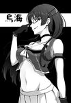  adjusting_eyewear armband bangs black_background character_name choker choukai_(kantai_collection) commentary_request crop_top ebiblue from_side gesugao glasses gloves greyscale grin groin hair_ornament hand_on_own_face index_finger_raised kantai_collection long_hair looking_at_viewer midriff monochrome navel pleated_skirt remodel_(kantai_collection) skirt sleeveless smile solo translated 
