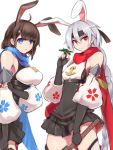  2girls ahoge aircraft airplane anchor_symbol animal_ears azur_lane bandanna black_gloves blue_eyes blue_scarf braid braided_ponytail breasts brown_hair bunny_ears cherry_blossom_print chikuma_(azur_lane) commentary_request cowboy_shot detached_sleeves fingerless_gloves gloves hand_on_own_arm highres holding holding_weapon large_breasts long_hair marshall2033 multiple_girls pleated_skirt red_eyes red_scarf scarf seaplane short_hair silver_hair skirt small_breasts tone_(azur_lane) weapon white_background 