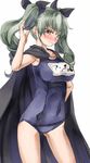  anchovy armpits ass_visible_through_thighs bangs black_cape black_ribbon blue_swimsuit blush breasts cape closed_mouth cowboy_shot drill_hair from_side girls_und_panzer grey_hair hair_between_eyes hair_ribbon half-closed_eyes hand_on_hip hands_up large_breasts legs_apart long_hair looking_at_viewer name_tag old_school_swimsuit one-piece_swimsuit orange_eyes ribbon school_swimsuit simple_background solo standing swimsuit twin_drills twintails white_background yohane 