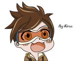  :3 :d artist_name blush blush_stickers brown_eyes brown_hair brown_jacket chibi commentary dot_nose english eyebrows eyebrows_visible_through_hair fangs glowing goggles gyate_gyate highres jacket kiros male_focus meme open_mouth overwatch signature smile solo teeth tracer_(overwatch) white_background 
