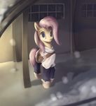  2016 animated blue_eyes clothing equine female feral fluttershy_(mlp) footwear friendship_is_magic fur hair horse leg_warmers legwear looking_at_viewer mammal my_little_pony pink_hair pony rodrigues404 satchel shoes smile snow snowing solo yellow_fur 
