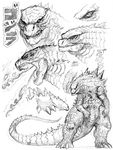  aether angry dinosaur gills godzilla godzilla_(series) gojirasaurus_(species) kaiju scales sketch smoke spinal_plates teeth text tongue writing yoar 