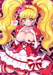  asahina_mirai blonde_hair bow character_name choker copyright_name cowboy_shot cure_miracle earrings frills gloves hair_bow hat heart heart_background heart_earrings highres jewel_(the_black_canvas) jewelry long_hair looking_at_viewer magical_girl mahou_girls_precure! mini_hat mini_witch_hat pink_hat precure puffy_sleeves purple_eyes red_bow ruby_style shiny shiny_skin skirt solo striped striped_bow twintails white_gloves witch_hat 