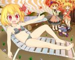  :d aki_minoriko aki_shizuha autumn_leaves barefoot beach_chair bikini blonde_hair breasts chair food fruit gplnbeat grapes green_hair hair_ornament hair_ribbon hat lounge_chair lying mob_cap multiple_girls navel no_panties on_back open_mouth outstretched_hand red_eyes ribbon rumia small_breasts smile swimsuit touhou wriggle_nightbug yamcha_pose yellow_eyes 