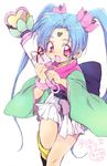  :d bangs blue_hair character_name facial_mark forehead_mark freckles hair_ornament long_hair mahou_shoujo_pretty_sammy masaki_sasami_jurai nakoumi_kokoro open_mouth parted_bangs pink_eyes pleated_skirt pretty_sammy_(character) skirt smile solo tenchi_muyou! twintails very_long_hair wand white_background white_skirt wide_sleeves 