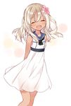  :d ^_^ arms_behind_back blush breasts closed_eyes cowboy_shot dress flower hair_flower hair_ornament head_tilt kantai_collection long_hair naoto_(tulip) open_mouth ro-500_(kantai_collection) sailor_dress simple_background small_breasts smile solo tan tanline white_background white_dress white_hair 