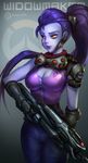  bodysuit bouffant breasts center_opening cleavage commentary daemonstar gun hair_pulled_back highres long_hair medium_breasts overwatch pink_bodysuit ponytail purple_hair purple_skin redesign rifle sniper_rifle solo very_long_hair weapon widowmaker_(overwatch) yellow_eyes 