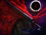  behelit berserk berserker_armor black_armor black_sky blood brand_of_sacrifice cape clawed_gauntlets dragonslayer_(sword) eclipse faces fog froggle greatsword guts helmet highres huge_weapon moon solar_eclipse sword weapon 