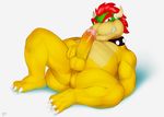  2016 anthro balls big_penis bowser butt collar english_text green_skin hair horn koopa looking_at_viewer lying male mario_bros nintendo nude on_back penis red_eyes red_hair scalie seyrmo sharp_teeth signature simple_background solo spikes spread_legs spreading teeth text vein video_games white_background white_horn yellow_skin 
